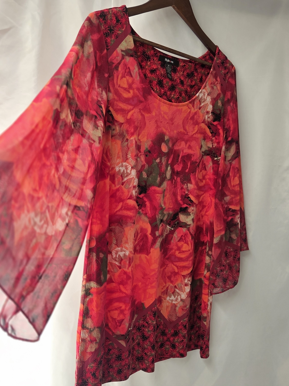 Red Rose Floral Mesh Bell Sleeve Tunic Top Blouse Dress M Whimsigoth Fairycore